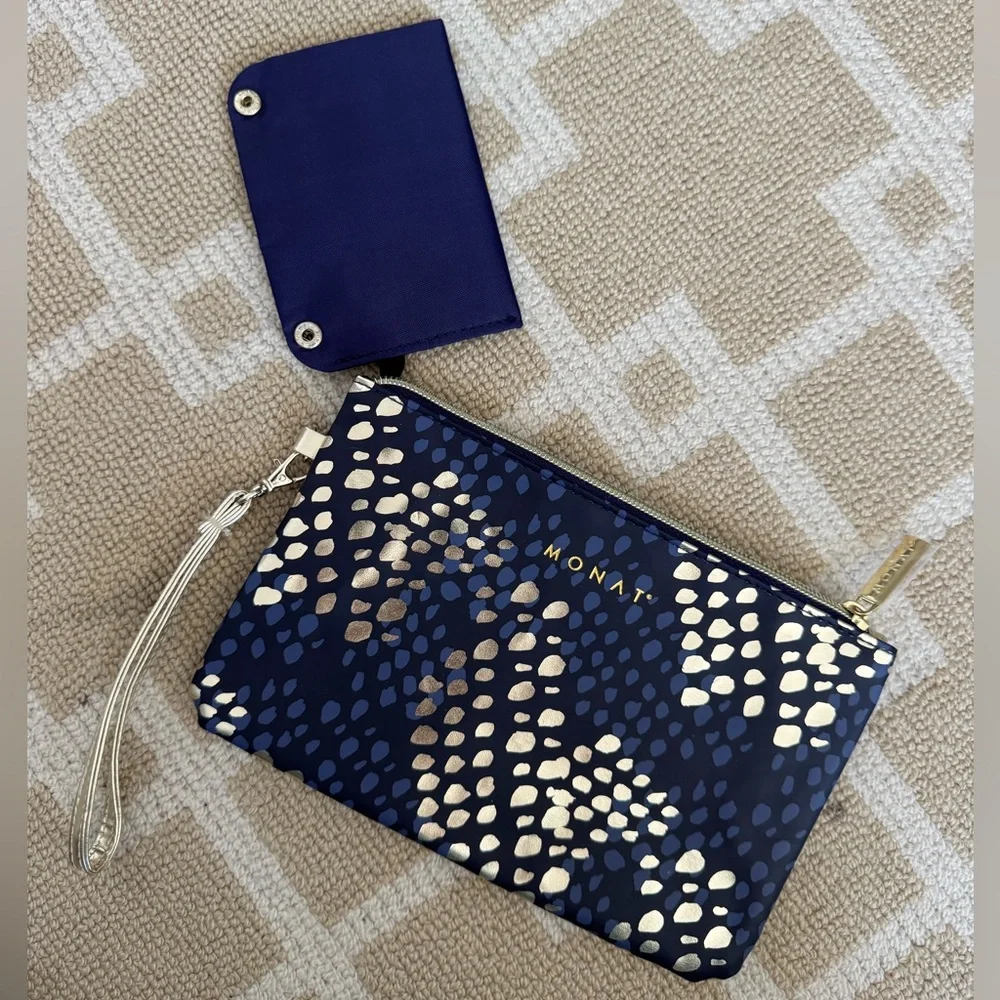 MONAT Wristlet Clutch Bag Navy Metallic Gold Dot Zip Pouch OS